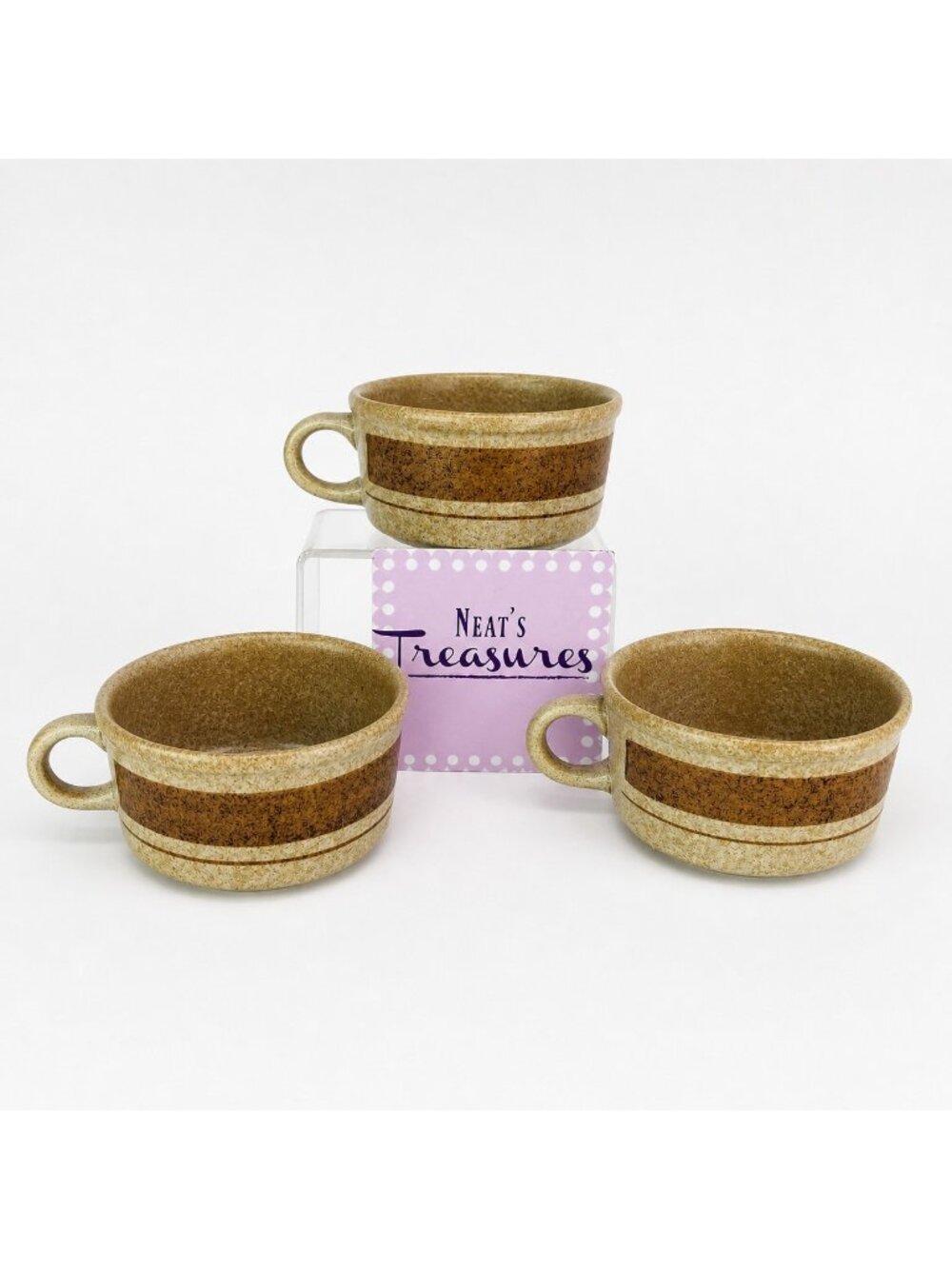 Pottery Craft USA #458 Beige Speckled Brown Stripe Ceramic Large Soup Mugs Set 3